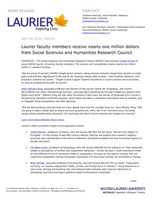 59-2020 : Laurier faculty members receive nearly one million dollars from Social Sciences and Humanities Research Council