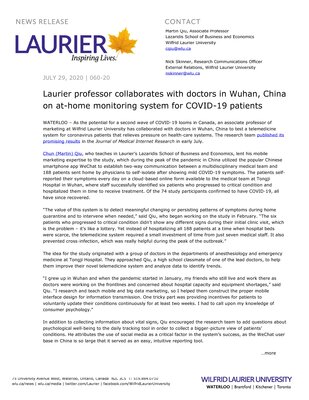 60-2020 : Laurier professor collaborates with doctors in Wuhan, China on at-home monitoring system for COVID-19 patients