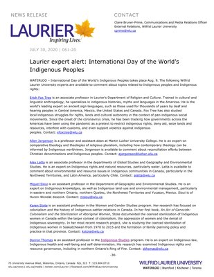 61-2020 : Laurier expert alert : International Day of the World's Indigenous Peoples