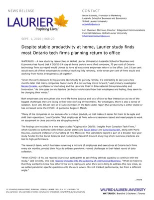 68-2020 : Despite stable productivity at home, Laurier study finds most Ontario tech firms planning return to office