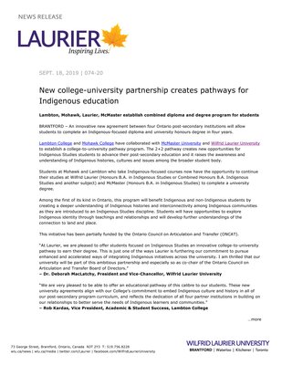 74-2020 : New college-university partnership creates pathways for Indigenous education