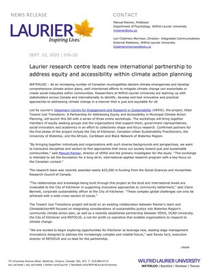 76-2020 : Laurier research centre leads new international partnership to address equity and accessibility within climate action planning