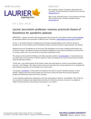 79-2020 : Laurier journalism professor receives provincial Award of Excellence for pandemic podcast