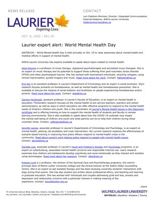 81-2020 : Laurier expert alert: World Mental Health Day