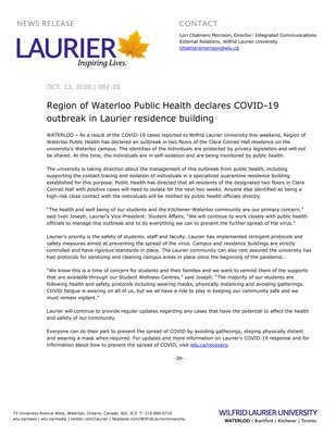 82-2020 : Region of Waterloo Public Health declares COVID-19 outbreak in Laurier residence building