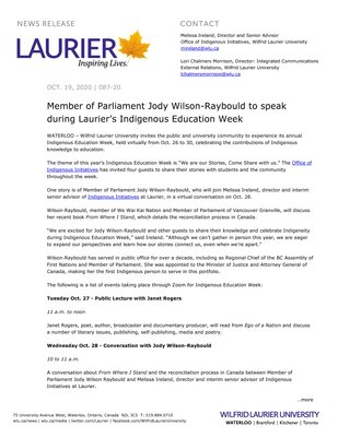 87-2020 : Member of Parliament Jody Wilson-Raybould to speak during Laurier’s Indigenous Education Week