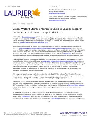 88-2020 : Global Water Futures program invests in Laurier research on impacts of climate change in the Arctic