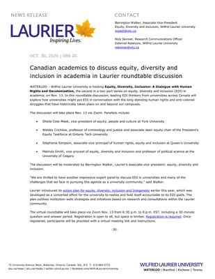 89-2020 : Canadian academics to discuss equity, diversity and inclusion in academia in Laurier roundtable discussion