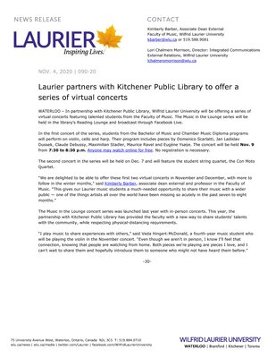 90-2020 : Laurier partners with Kitchener Public Library to offer a series of virtual concerts