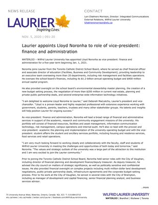 91-2020 : Laurier appoints Lloyd Noronha to role of vice-president: finance and administration