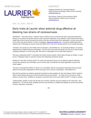 99-2020 : Early trials at Laurier show antiviral drug effective at blocking two strains of coronaviruses