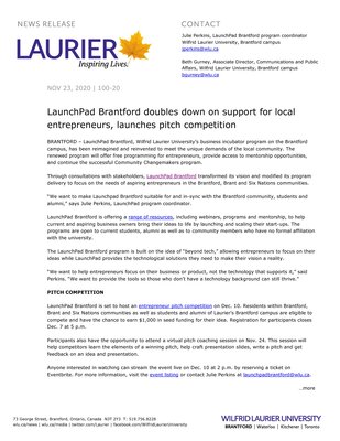 100-2020 : LaunchPad Brantford doubles down on support for local entrepreneurs, launches pitch competition