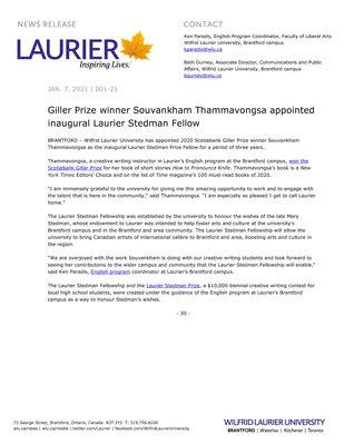 01-2021 : Giller Prize winner Souvankham Thammavongsa appointed inaugural Laurier Stedman Fellow