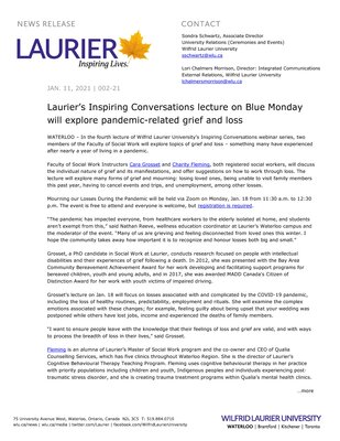 02-2021 : Laurier’s Inspiring Conversations lecture on Blue Monday will explore pandemic-related grief and loss