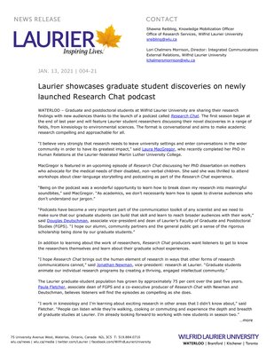 04-2021 : Laurier showcases graduate student discoveries on newly launched Research Chat podcast