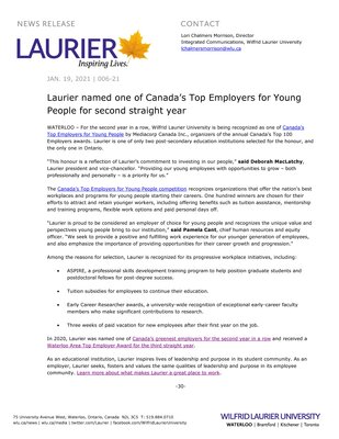 06-2021 : Laurier named one of Canada’s Top Employers for Young People for second straight year