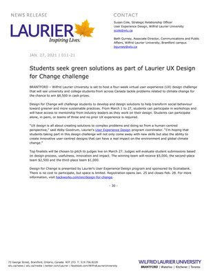 11-2021 : Students seek green solutions as part of Laurier UX Design for Change challenge