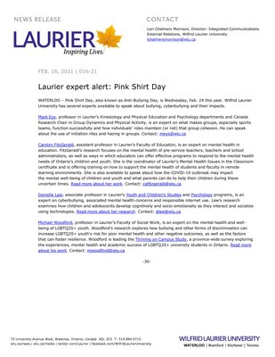 16-2021 : Laurier expert alert: Pink Shirt Day