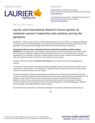 20-2021 : Laurier and International Women’s Forum partner to celebrate women’s leadership and resiliency during the pandemic