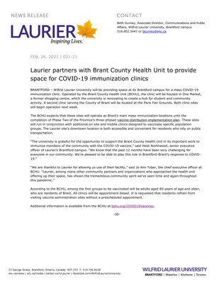 21-2021 : Laurier partners with Brant County Health Unit to provide space for COVID-19 immunization clinics