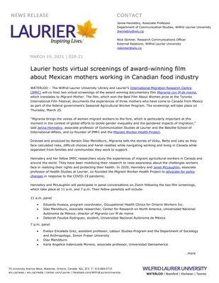 28-2021 : Laurier hosts virtual screenings of award winning film about Mexican mothers working in Canadian food industry