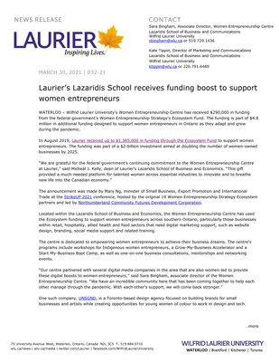 32-2021 : Laurier’s Lazaridis School receives funding boost to support women entrepreneurs