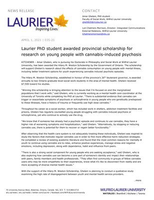 35-2021 : Laurier PhD student awarded provincial scholarship for research on young people with cannabis induced psychosis