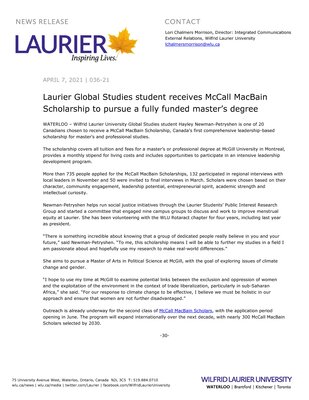 36-2021 : Laurier Global Studies student receives McCall MacBain Scholarship to pursue a fully funded master’s degree