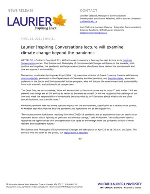 40-2021 : Laurier Inspiring Conversations lecture will examine climate change beyond the pandemic