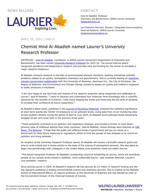 48-2021 : Chemist Hind Al-Abadleh named Laurier’s University Research Professor