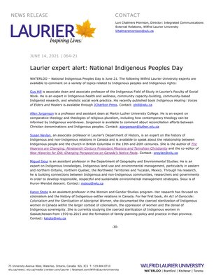 64-2021 : Laurier expert alert: National Indigenous Peoples Day