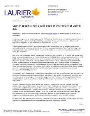 70-2021 : Laurier appoints new acting dean of the Faculty of Liberal Arts