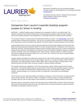 72-2021 : Companies from Laurier’s Lazaridis ScaleUp program surpass $1 billion in funding