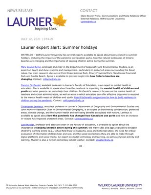 74-2021 : Laurier expert alert: Summer holidays