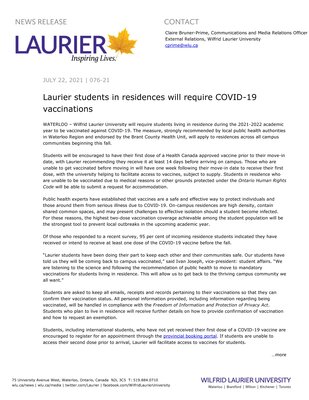 76-2021 : Laurier students in residences will require COVID-19 vaccinations