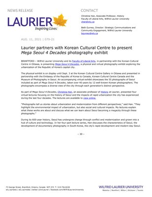 79-2021 : Laurier partners with Korean Cultural Centre to present Mega Seoul 4 Decades photography exhibit