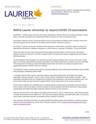 80-2021 : Wilfrid Laurier University to require COVID-19 vaccinations