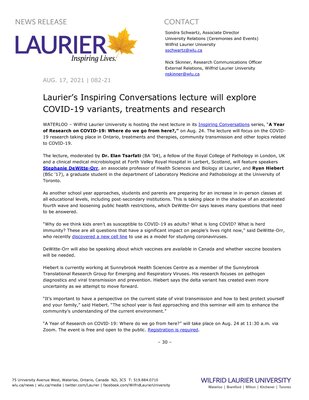 82-2021 : Laurier’s Inspiring Conversations lecture will explore COVID-19 variants, treatments and research