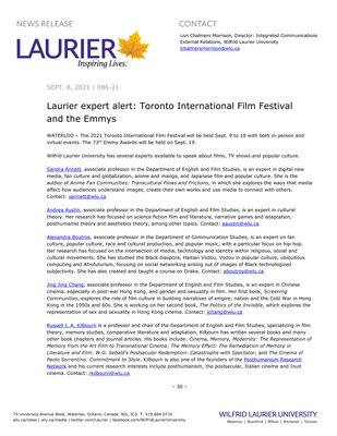 86-2021 : Laurier expert alert: Toronto International Film Festival and the Emmys