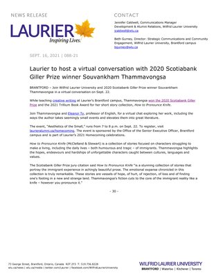 88-2021 : Laurier to host a virtual conversation with 2020 Scotiabank Giller Prize winner Souvankham Thammavongsa