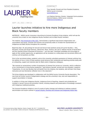 94-2021 : Laurier launches initiative to hire more Indigenous and Black faculty members