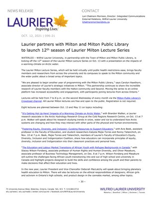 96-2021 : Laurier partners with Milton and Milton Public Library to launch 12th season of Laurier Milton Lecture Series