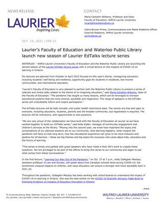 99-2021 : Laurier’s Faculty of Education and Waterloo Public Library launch new season of Laurier EdTalks lecture series