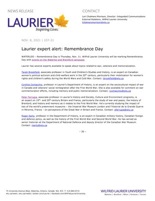 107-2021 : Laurier expert alert: Remembrance Day