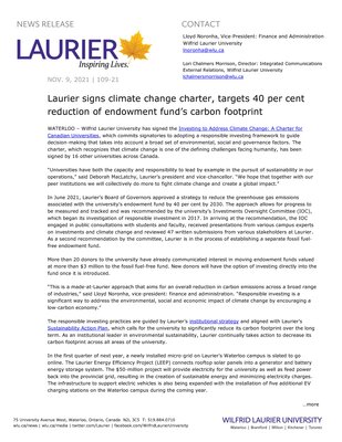 109-2021 : Laurier signs climate change charter, targets 40 per cent reduction of endowment fund’s carbon footprint