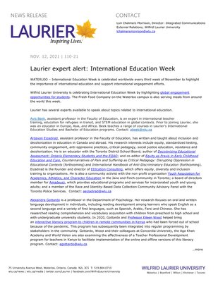 110-2021 : Laurier expert alert: International Education Week