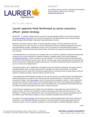 3-2022 : Laurier appoints Heidi Northwood as senior executive officer: global strategy