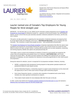 5-2022 : Laurier named one of Canada’s Top Employers for Young People for third straight year