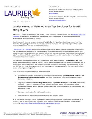 10-2022 : Laurier named a Waterloo Area Top Employer for fourth straight year