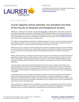 12-2022 : Laurier appoints acting associate vice president and dean of the Faculty of Graduate and Postdoctoral Studies